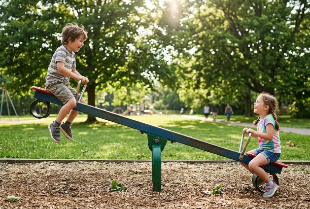 A screenshot image of a young girl and boy planning on a teeter totter