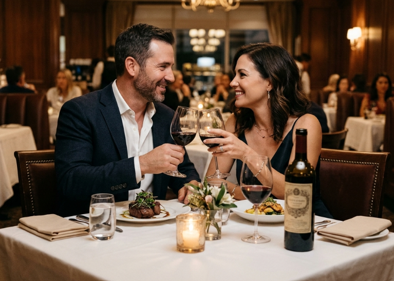 A screenshot image of a husband and wife having dinner in an upscale local restaurant