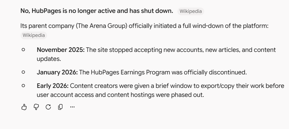 A screenshot image. Explaining the hubpages.com site is no longer active. It was shutdown by the owners.